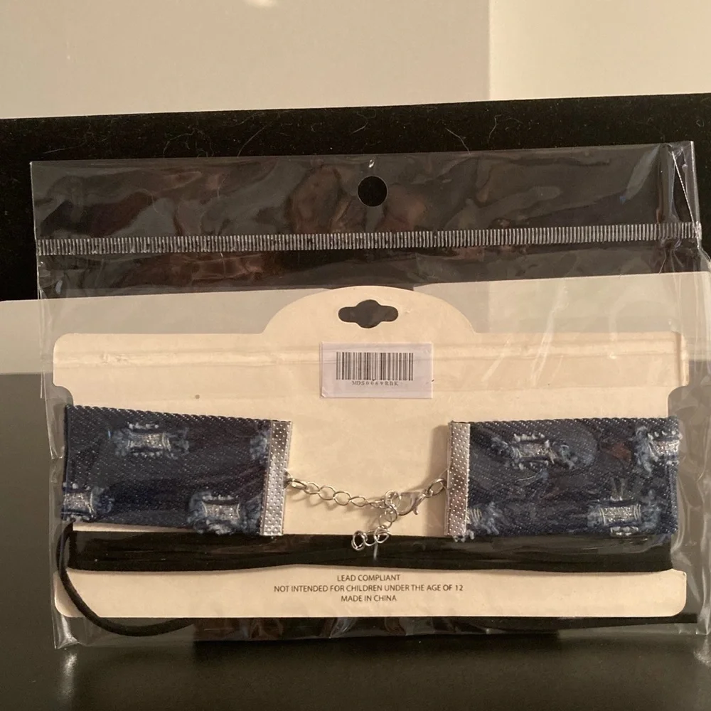 MIA choker set Blue distressed denim with sparkly silver glitter.